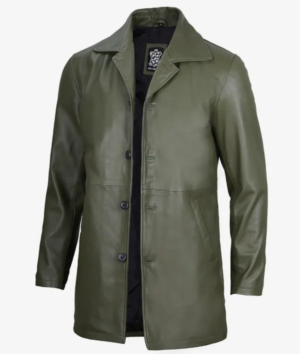 Mens Olive Green Leather Car Coat
