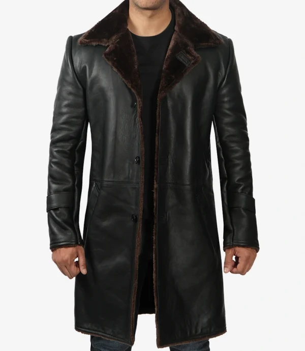 Mens Black Leather Shearling Coat