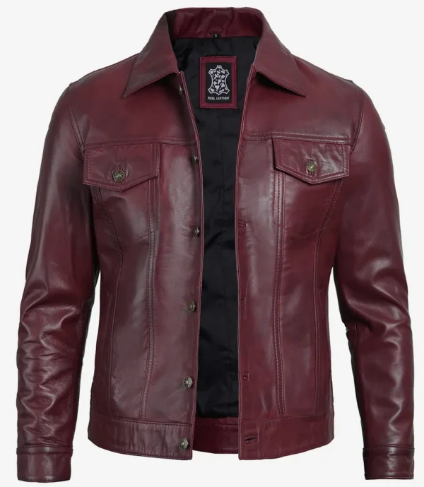 Men Real Lambskin Leather Burgundy Trucker Jacket