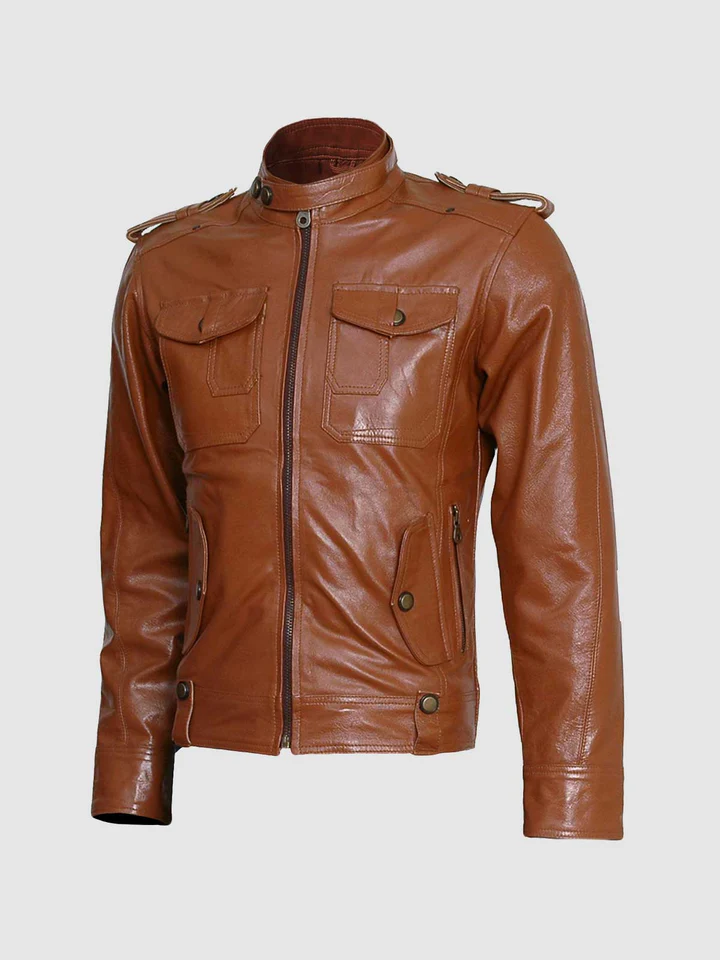 Mens Tan Biker Leather Jacket
