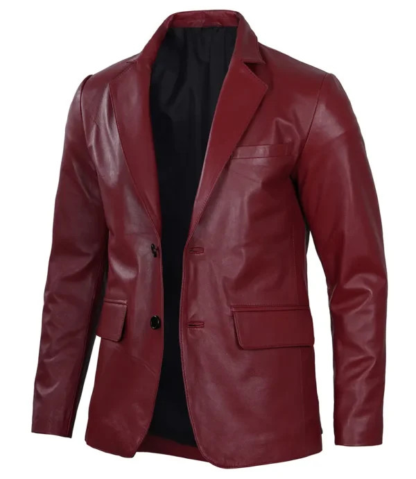 Men's Notch Lapel Maroon Leather Blazer