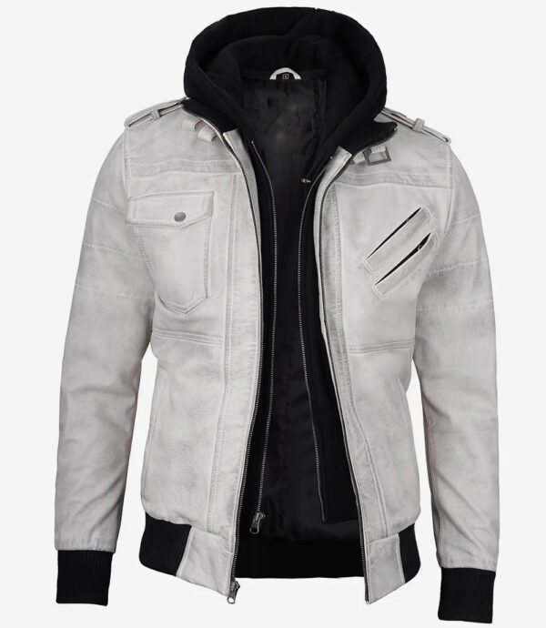 Men Off White And Grey Waxed Leather Jacket With Hood