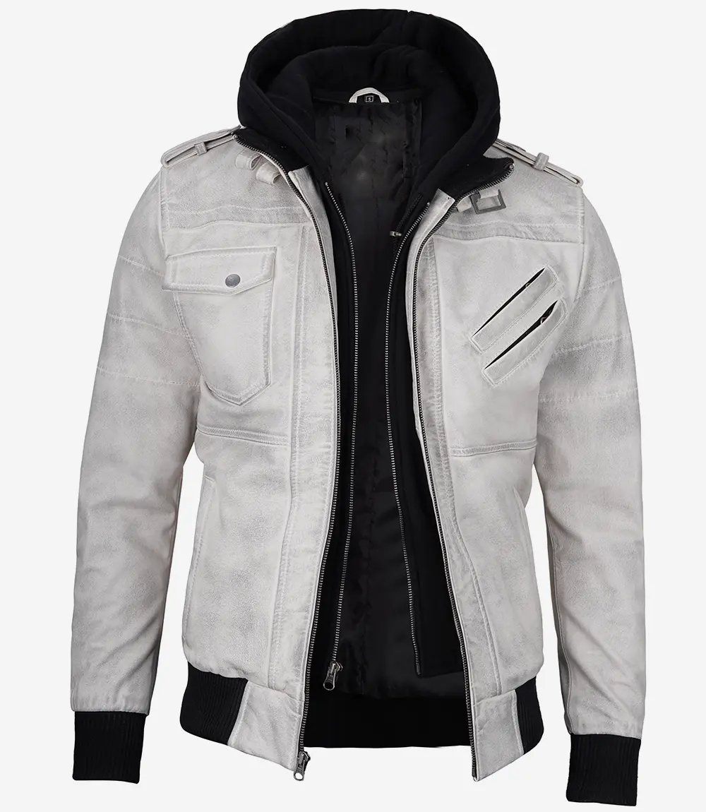 Men Off White And Grey Waxed Leather Jacket With Hood