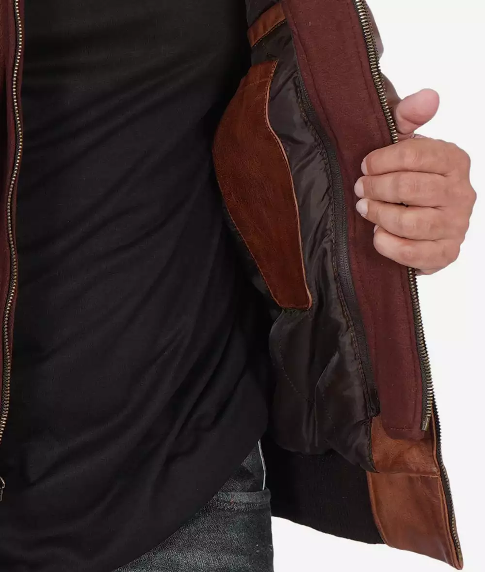 Hooded Brown Leather Bomber Jacket