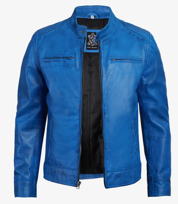 Blue Lambskin Leather Cafe Racer Jacket