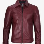 Mens Classic Shirt Collar Maroon Leather Jacket