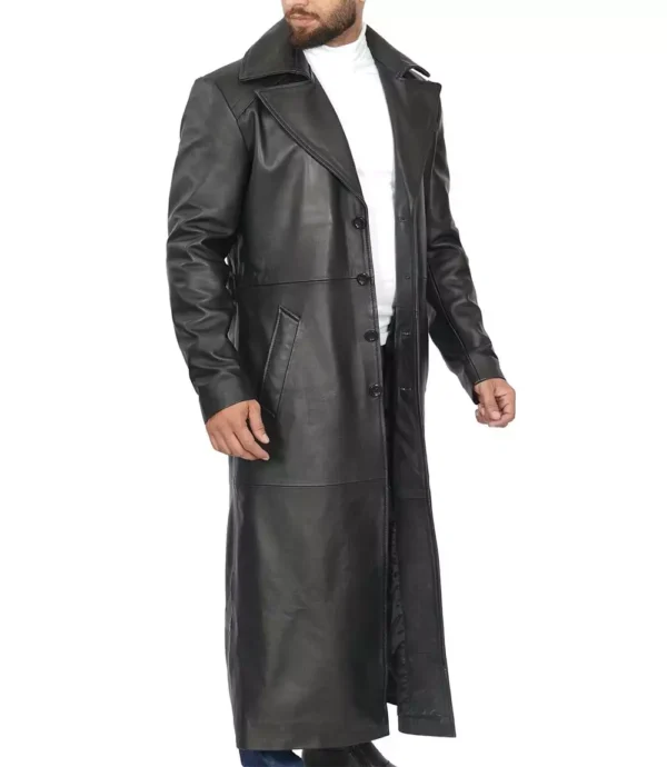 Men's full-length black leather duster coat