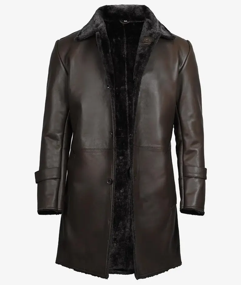 Men's Dark Brown Shearling Leather Coat - 3/4 Length