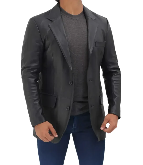 Mens 2 Buttons Notch Lapel Black Leather Blazer