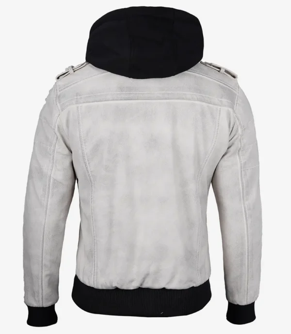 Men Off White And Grey Waxed Leather Jacket With Hood