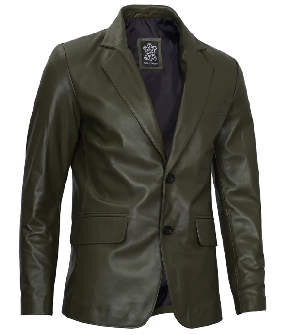 Mens Two Button Olive Green Leather Blazer