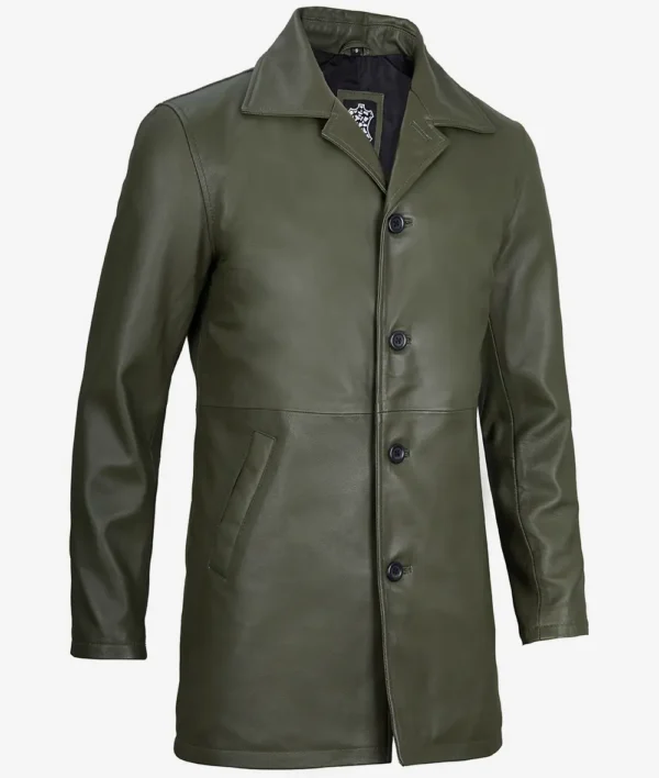 Mens Olive Green Leather Car Coat