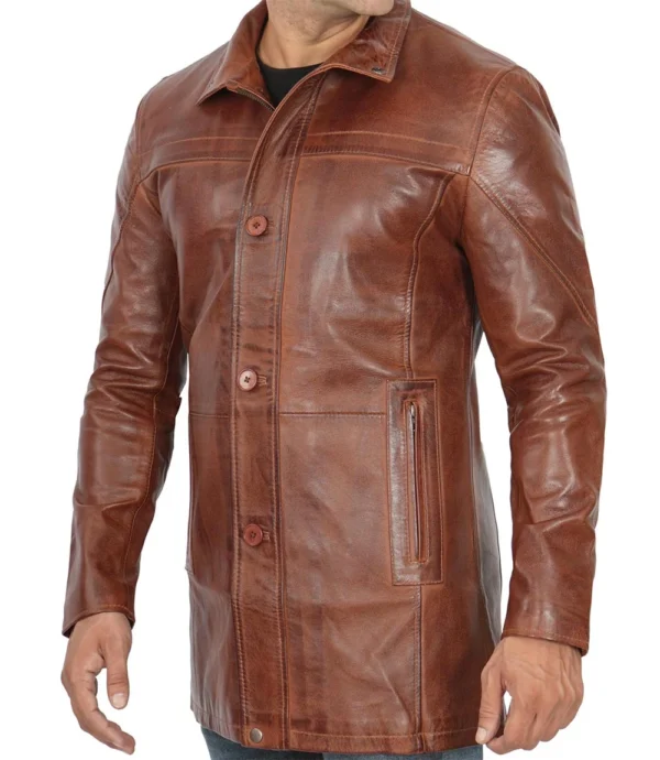 Men's Real Lambskin Brown Leather Cognac Car Coat