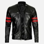 Leather Biker Jacket with Red Stripes