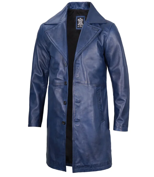 Mens Real Leather Blue Car Coat