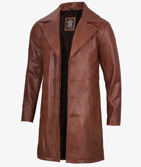 Mens Brown Real Leather Cognac Car Coat