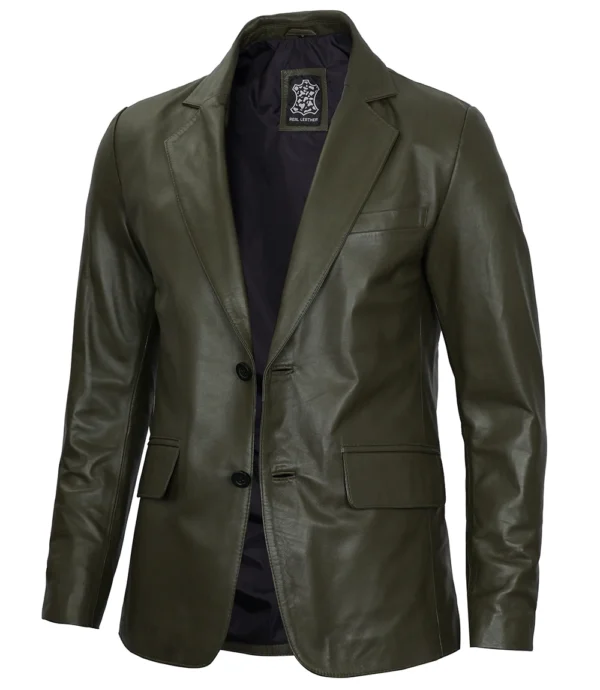 Mens Two Button Olive Green Leather Blazer