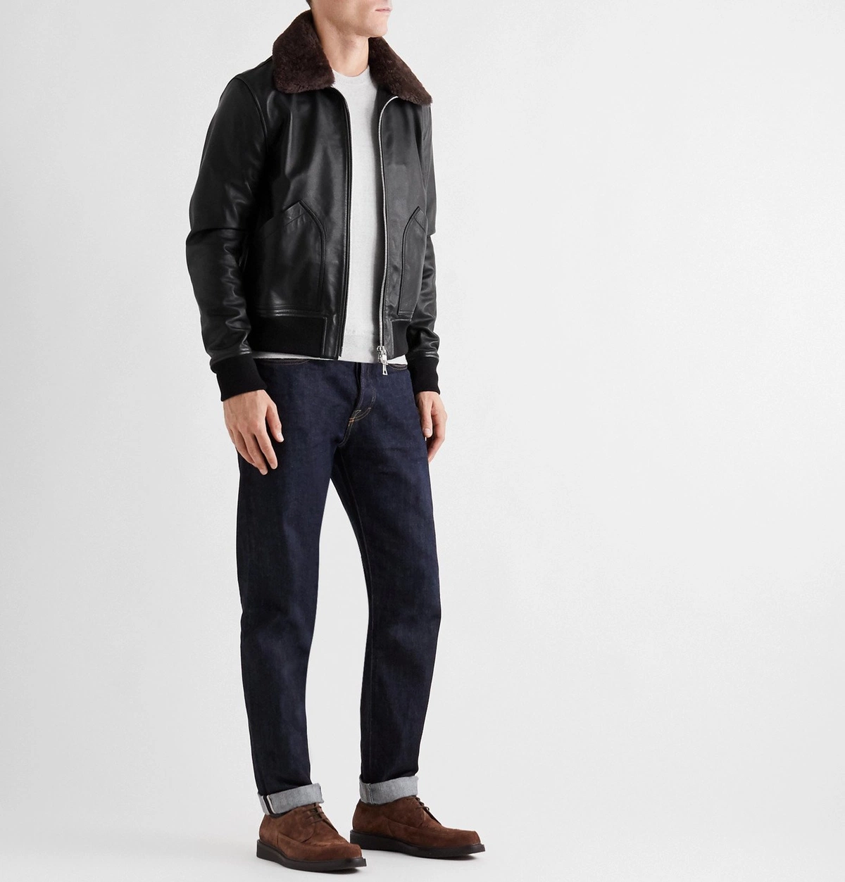 Mens Black Bomber Shearling Leather Jacket