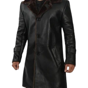 Distressed black shearling leather overcoat
