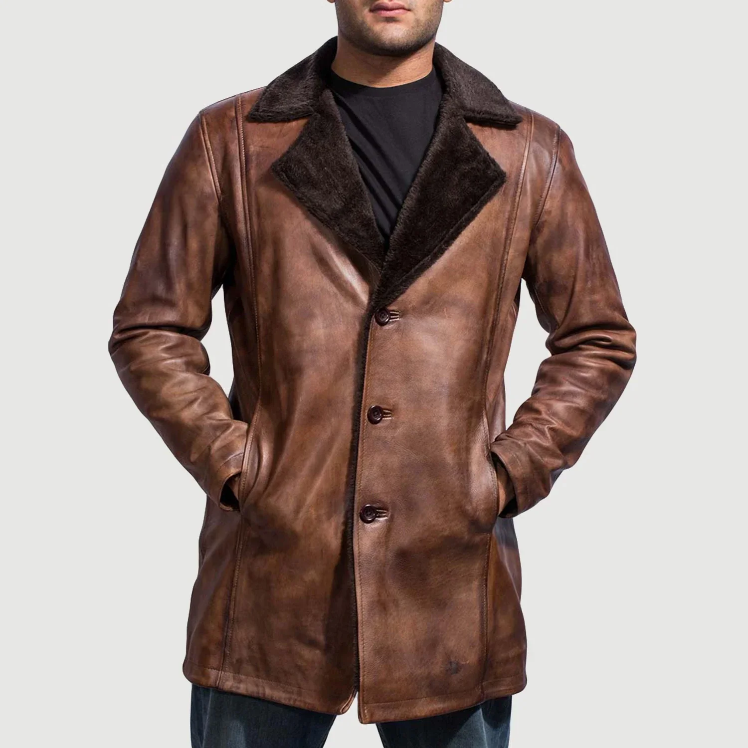 Mens Distressed Brown Leather Fur Coat