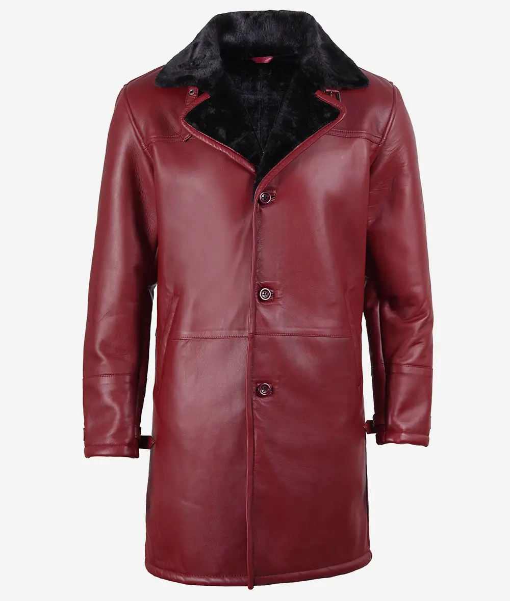 Men's Maroon Shearling Leather Fur Coat
