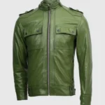 Slim Fit Men Green Biker Jacket