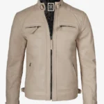 Mens Stylish Beige Cafe Racer Leather Jacket Quilted Design