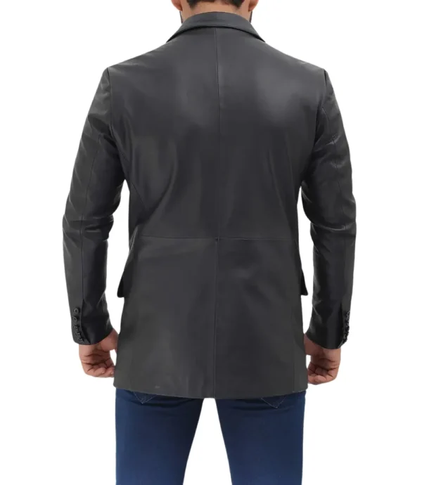 Mens 2 Buttons Notch Lapel Black Leather Blazer