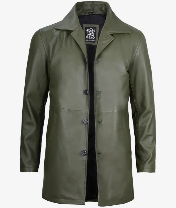 Mens Olive Green Leather Car Coat