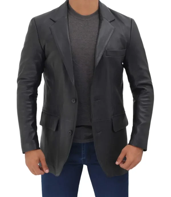 Mens 2 Buttons Notch Lapel Black Leather Blazer