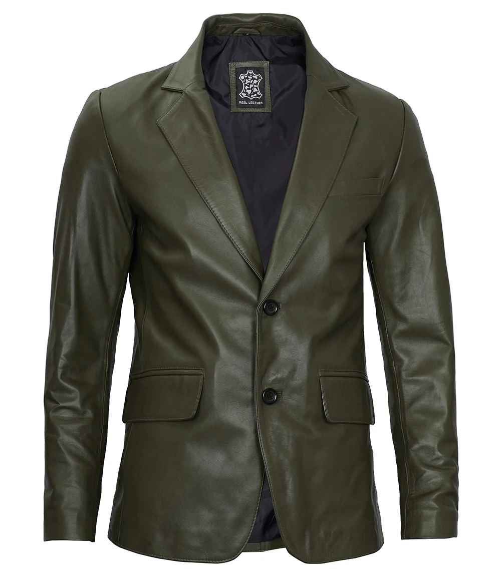 Mens Two Button Olive Green Leather Blazer