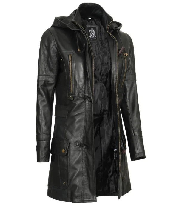 Stylish women's black leather coat with hood