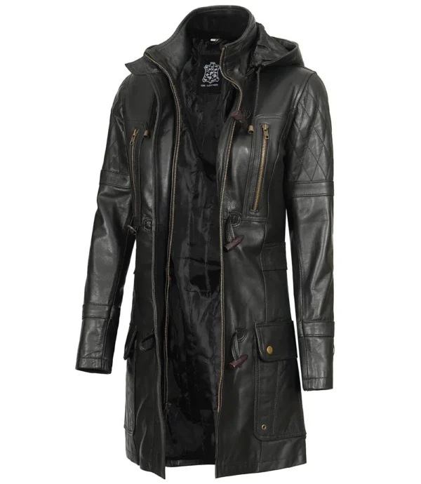 Black leather hooded coat for women