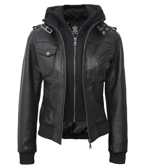 Womens Edinburgh Bomber Leather Jacket with Detachable Hood - Image 3