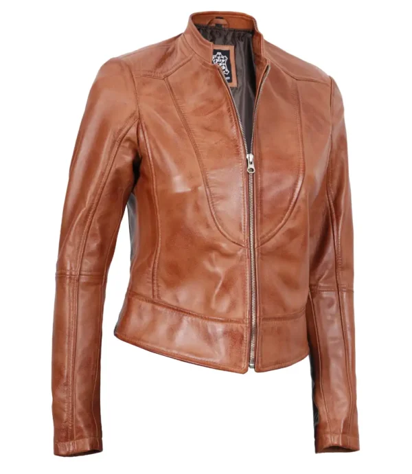 Tan Brown Leather Cafe Racer Jacket For Women - Image 3