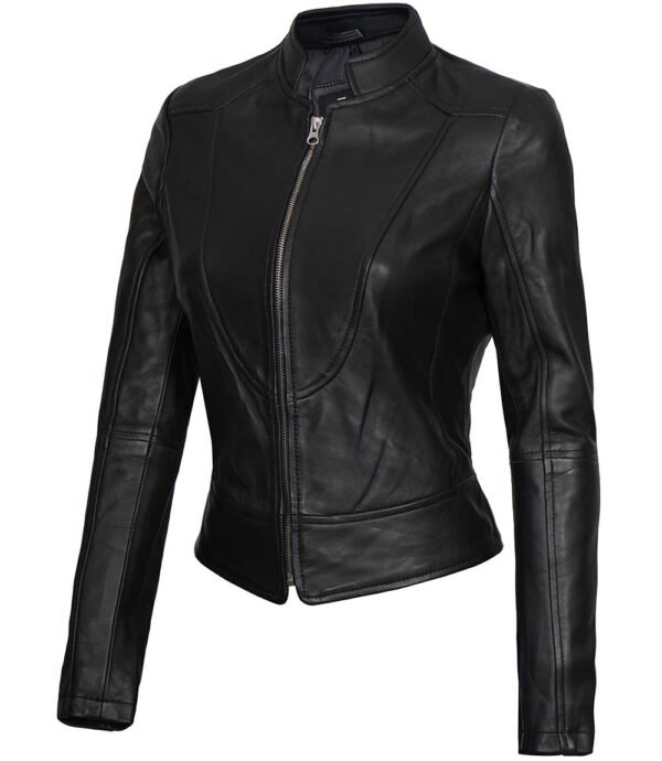 Black Cafe Racer Leather Jacket for Women - Image 3