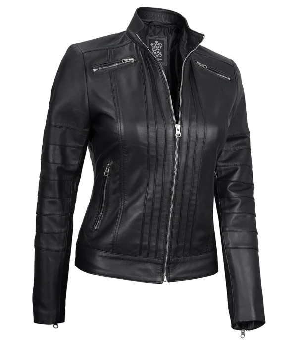 Black Real Leather Cafe Racer Jacket For Women - Image 2