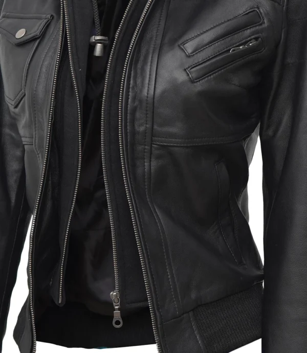 Womens Edinburgh Bomber Leather Jacket with Detachable Hood - Image 4