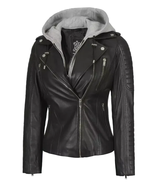 Women Black Leather Detachable Hood Jacket - Image 3