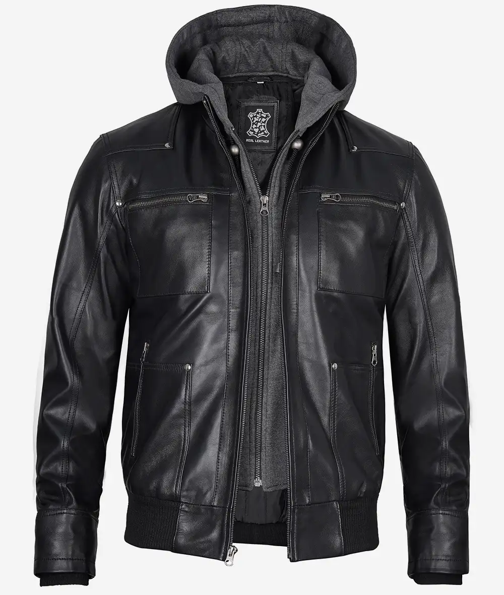 Black Leather Bomber Jacket for Men