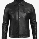 Mens Classic Black Trucker Jacket Four Pocket Leather Design