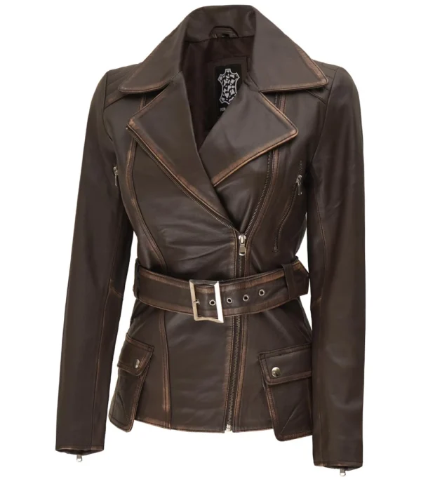 Distressed Brown Asymmetrical Leather Jacket with Belt - Image 2