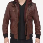 Men’s Tall Fit Dark Brown Leather Bomber Jacket – Hooded & Removable