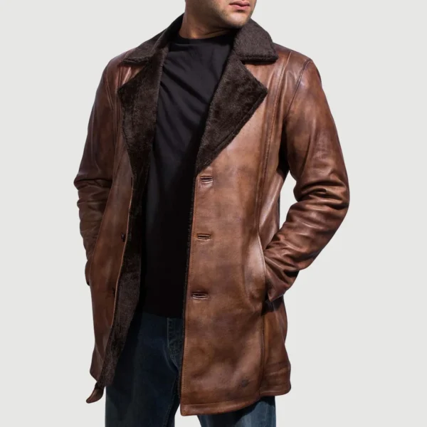 Mens Distressed Brown Leather Fur Coat
