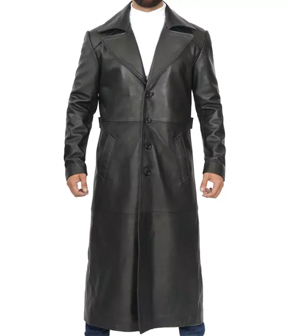 Men's long black leather trench coat