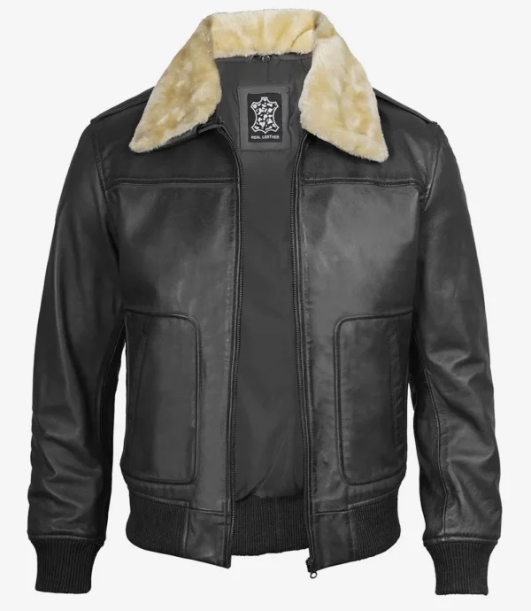 Men's black leather bomber jacket