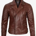 Mens Cognac Leather Motorcycle Jacket Asymmetrical Design