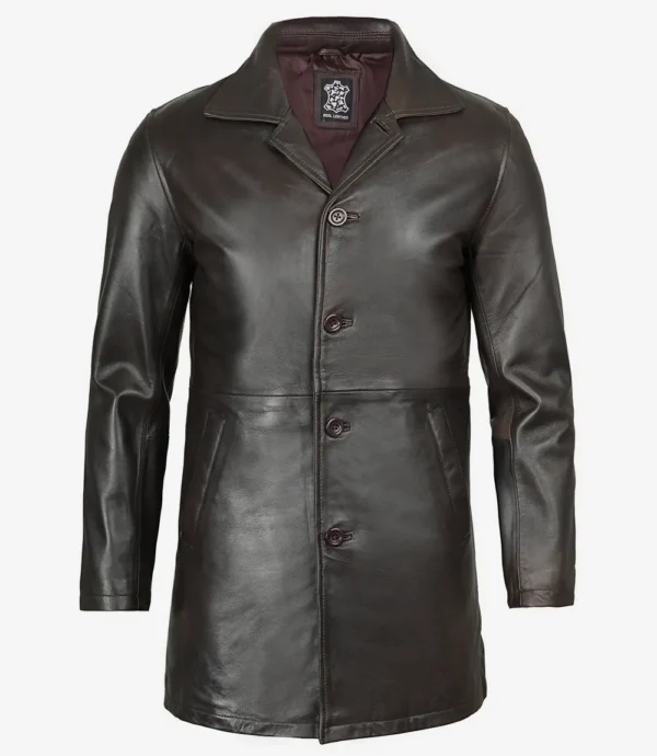 Stylish dark brown leather car coat for men