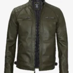 Premium Olive Green Cafe Racer Leather Jacket Men's Quilted Edition