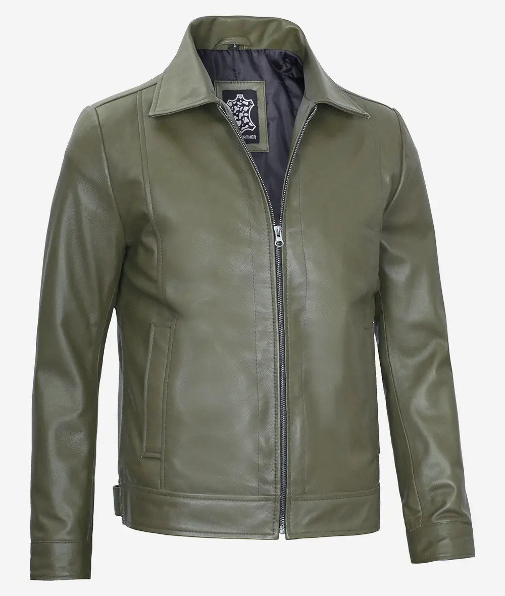 Classic Shirt Collar Olive Green Leather Jacket